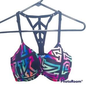 Victorias Secret PINK Wear Everywhere Pushup Bra Rainbow Logo Size 32DD